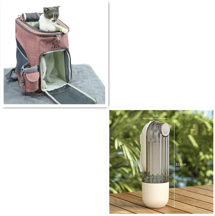 Cat carrier bag with a cat inside, water bottle with dimensions