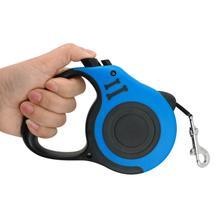 Hand holding a blue and black retractable dog leash with a white background
