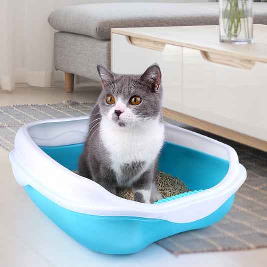 Cat sitting inside a blue and white litter box in a living room.
