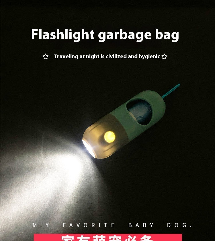Flashlight garbage bag with a light on a dark background