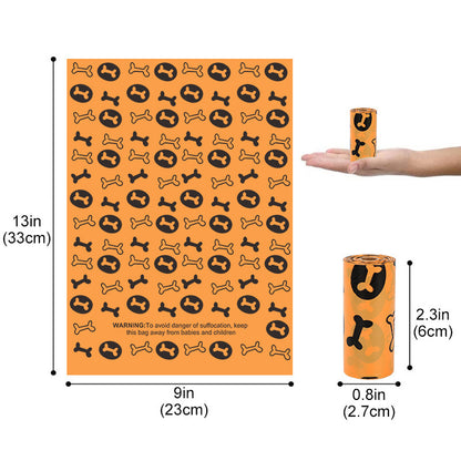 Orange bag with black bone pattern, showing dimensions and a hand holding a smaller roll.