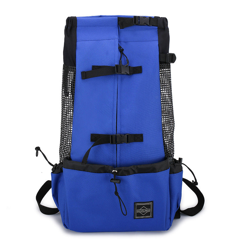 Blue backpack with black straps on a white background
