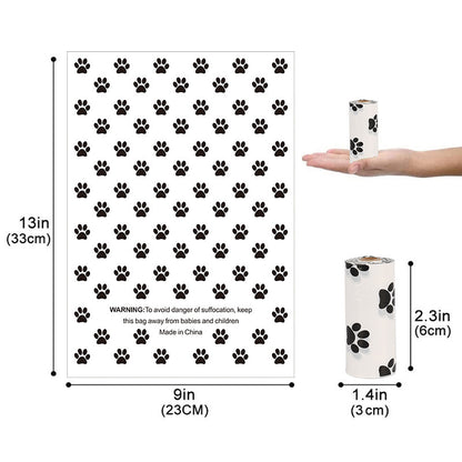 Measurement chart showing dimensions of a product with paw print design, including a hand holding a roll for scale.