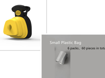 Yellow and black plastic bag dispenser with a small plastic bag on a gray background.