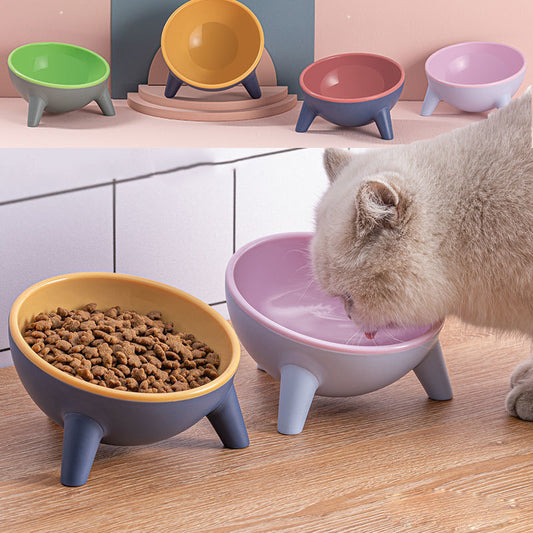 Colorful pet bowls with a cat drinking from one of them on a wooden floor.