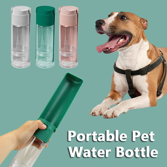 Portable pet water bottle with three color options and a dog on a teal background