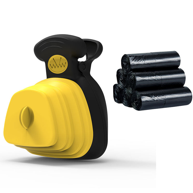 Yellow and black plastic bag dispenser with three rolls of black plastic bags on a white background