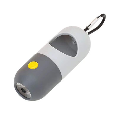 Portable dog waste bag dispenser with a carabiner on a white background