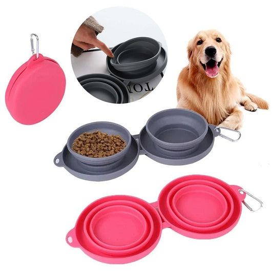 Collapsible pet bowls in gray and pink with a dog and close-up inset on a white background