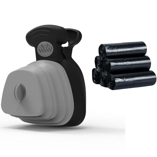 Pet waste management system with gray and black clip and black bags on a white background