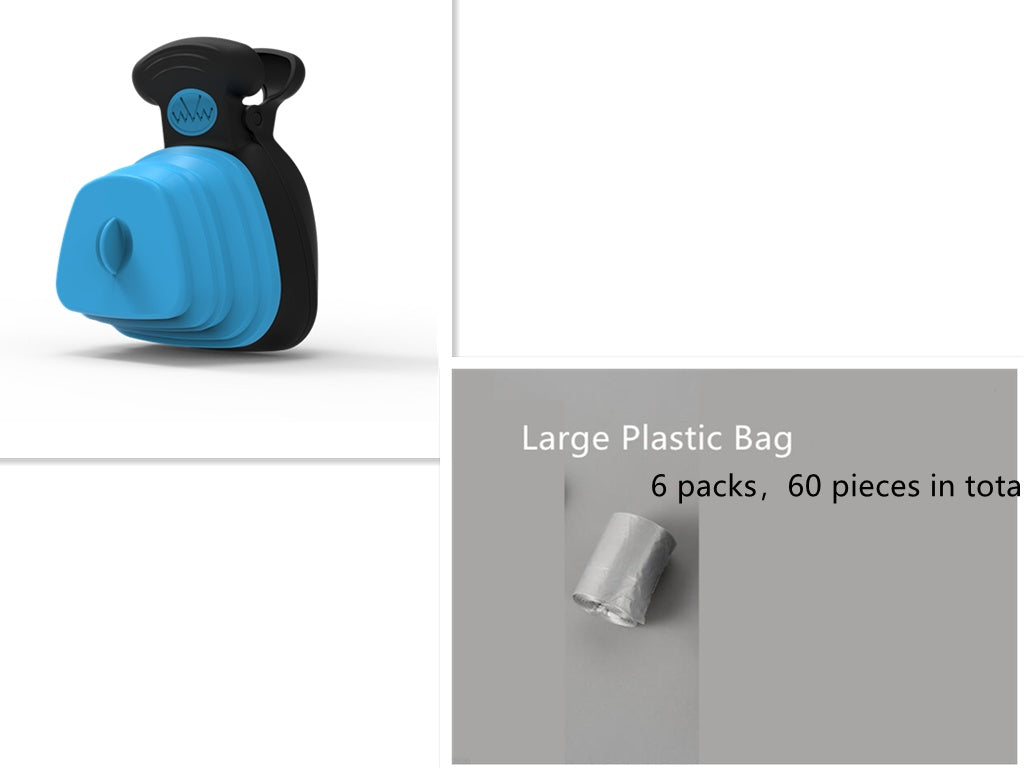 Blue and black plastic bag dispenser with text about large plastic bags on a white background