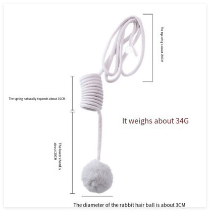 White cat toy with a rabbit hair ball and measurement details on a white background