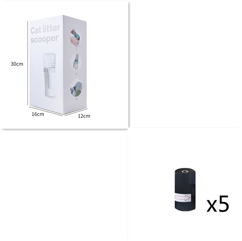 Cat litter scoop with packaging dimensions and multiple black bags on a white background