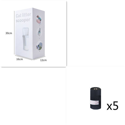 Cat litter scoop with packaging dimensions and multiple black bags on a white background