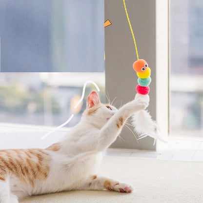 Cat playing with a colorful string toy on a blurred indoor background