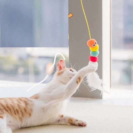 Cat playing with a colorful string toy on a blurred indoor background