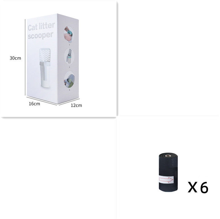 Cat litter scoop with packaging dimensions and multiple black bags labeled 'X6'.