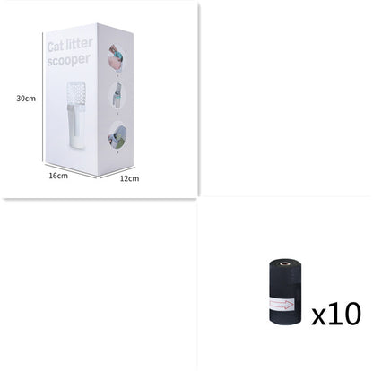 Cat litter scoop packaging with dimensions and a roll of black bags labeled 'x10' on a white background.