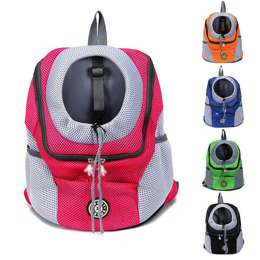 Pink pet carrier backpack with multiple color options displayed.
