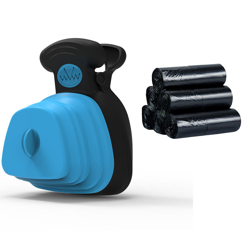 Blue and black plastic bag dispenser with three rolls of black plastic bags on a white background
