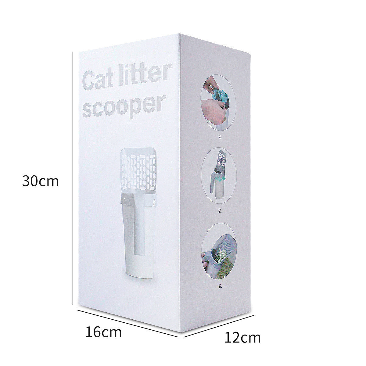 Box packaging of a cat litter scooper with dimensions indicated