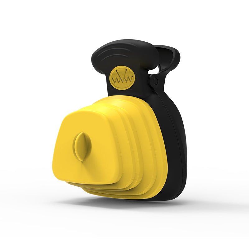 Yellow and black dog leash holder on a white background