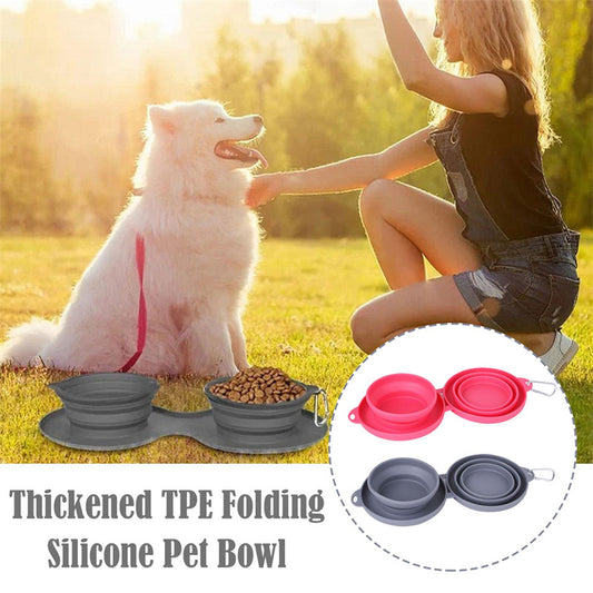 Woman sitting with a dog outdoors, with insets of silicone pet bowls.