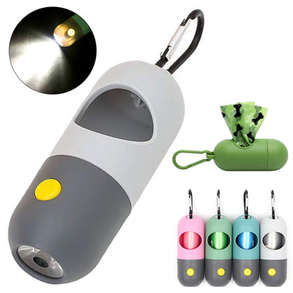 Pet waste bag dispenser with attached bags and a close-up of the light feature.
