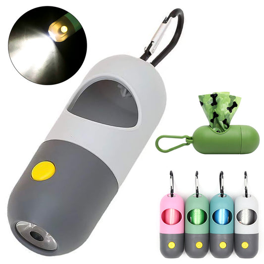 Pet waste bag dispenser with attached bags and a close-up of the light feature.