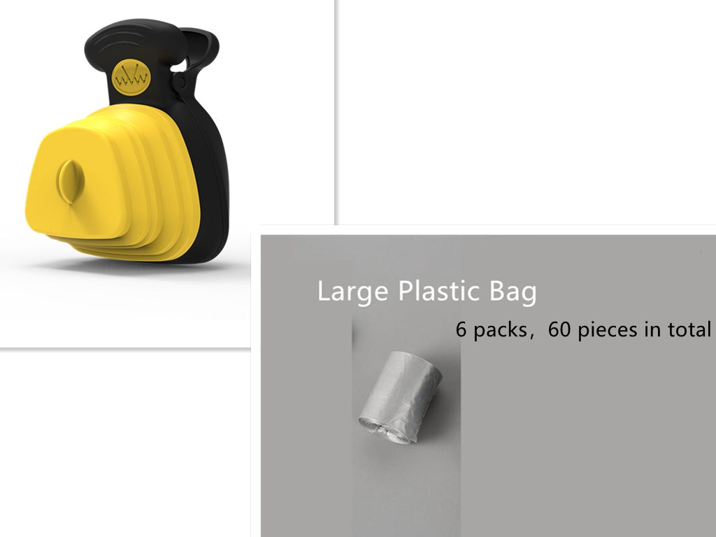 Yellow and black plastic bag dispenser with text indicating 60 pieces in total.