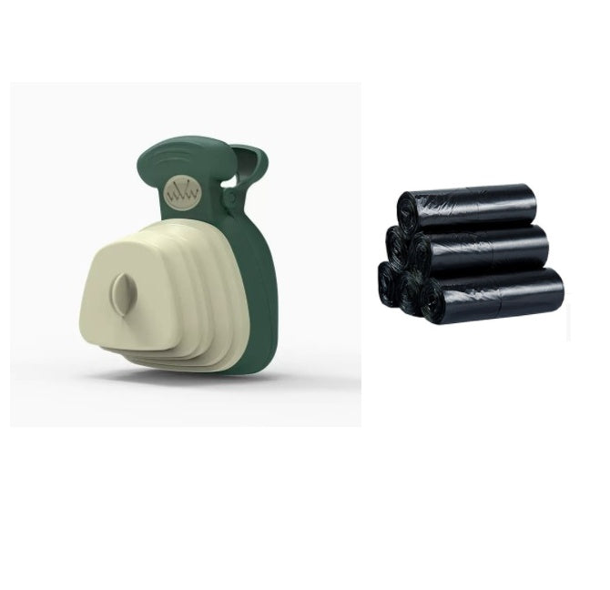 Pet waste management system with a green and beige dispenser and black bags on a white background
