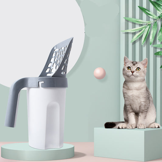 Cat litter scoop with a cat in a minimalistic setting