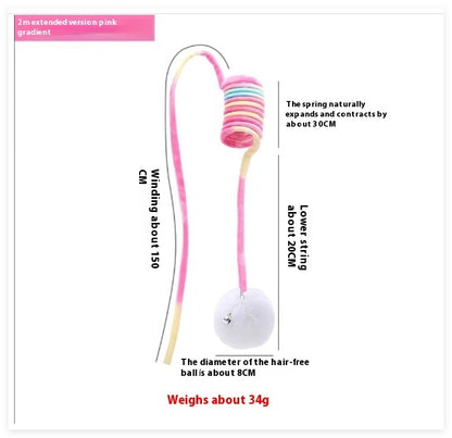 Cat toy with pink gradient spring and white ball, showing measurements and weight on a white background.